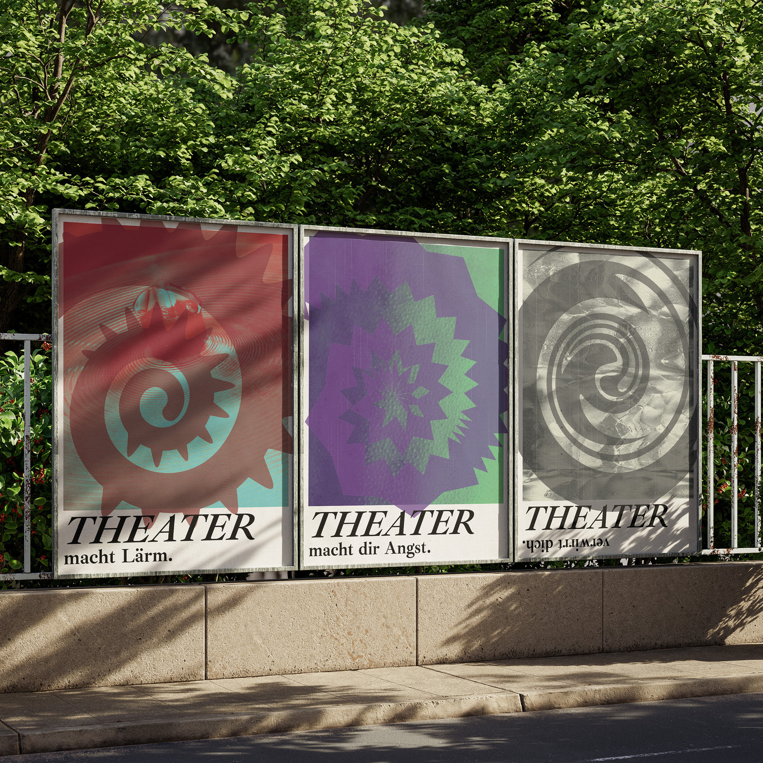 Three posters displayed in an outdoor setting